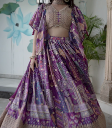Purple Digital Printed with Dori and Zari embroidered Chinnon Silk reception wear lehenga