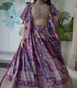 Purple Digital Printed with Dori and Zari embroidered Chinnon Silk reception wear lehenga