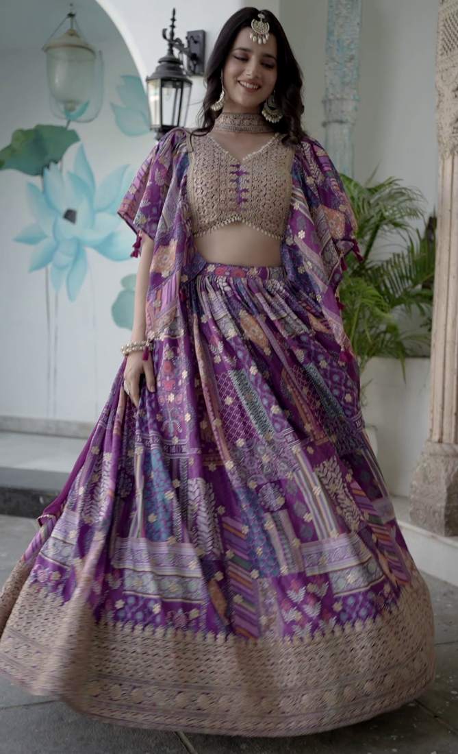 Purple Digital Printed with Dori and Zari embroidered Chinnon Silk reception wear lehenga