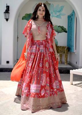 Red Digital Printed with Dori and Zari embroidered Chinnon Silk wedding sangeet ceremony lehenga 1