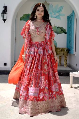 Red Digital Printed with Dori and Zari embroidered Chinnon Silk wedding sangeet ceremony lehenga