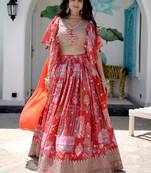 Red Digital Printed with Dori and Zari embroidered Chinnon Silk wedding sangeet ceremony lehenga