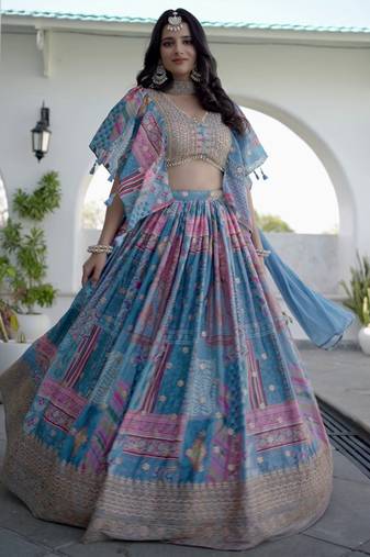 sky-blue Digital Printed with Dori and Zari embroidered Chinnon Silk designer lehenga