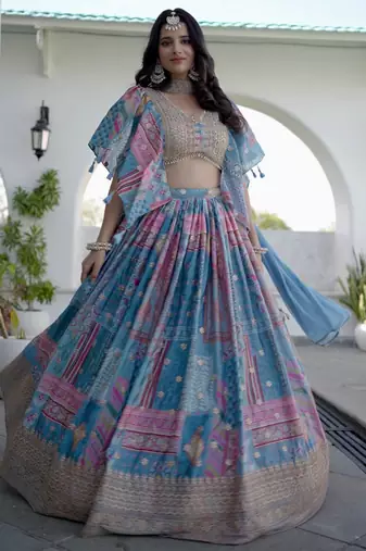 sky-blue Digital Printed with Dori and Zari embroidered Chinnon Silk designer lehenga