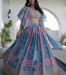 sky-blue Digital Printed with Dori and Zari embroidered Chinnon Silk designer lehenga