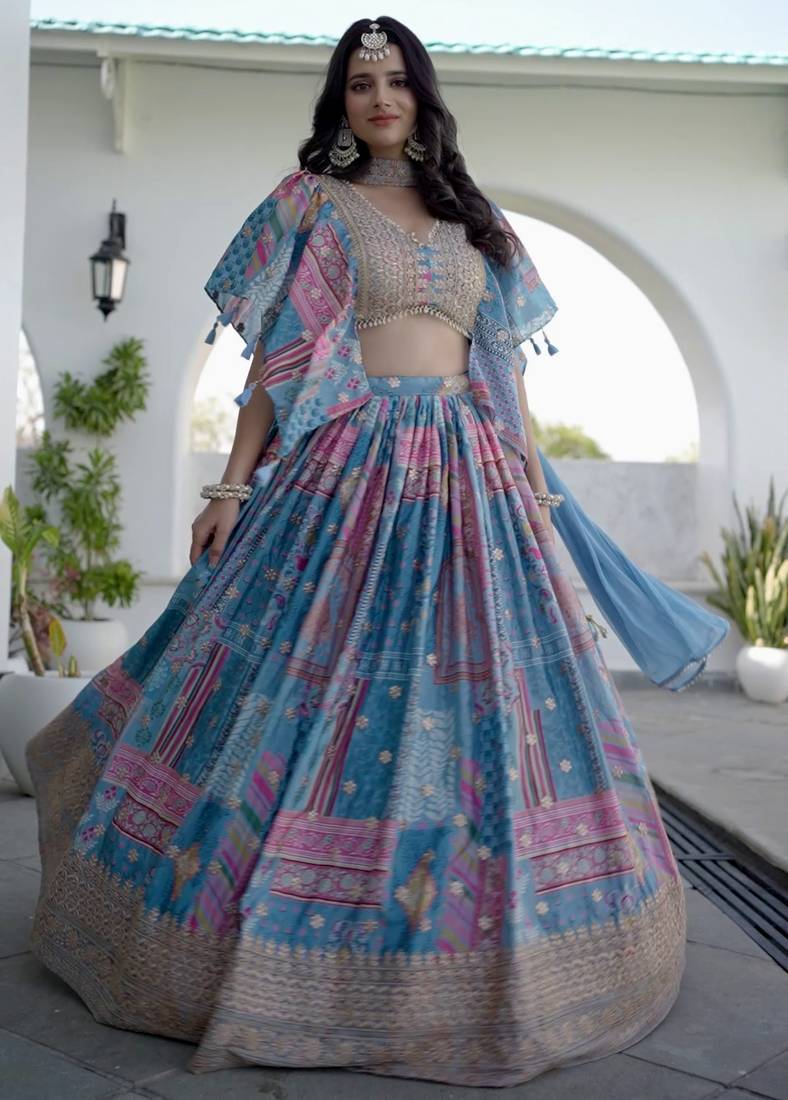 sky-blue Digital Printed with Dori and Zari embroidered Chinnon Silk designer lehenga