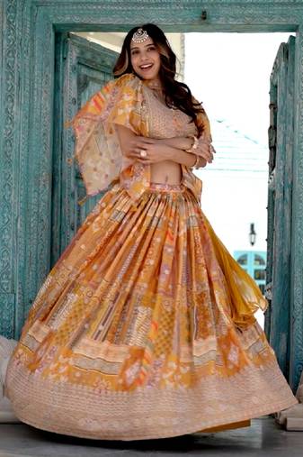 Yellow Digital Printed with Dori and Zari embroidered Chinnon Silk haldi lehenga