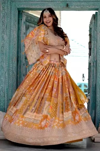 Yellow Digital Printed with Dori and Zari embroidered Chinnon Silk haldi lehenga