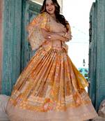 Yellow Digital Printed with Dori and Zari embroidered Chinnon Silk haldi lehenga