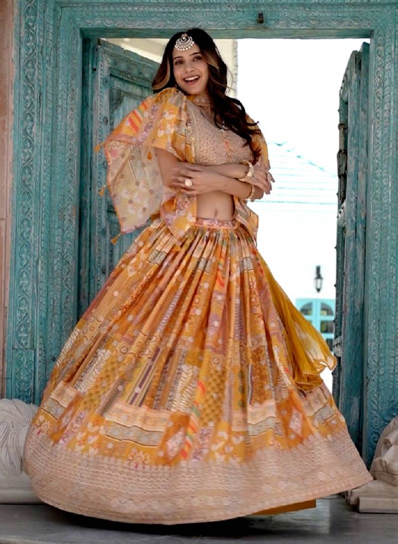 Yellow Digital Printed with Dori and Zari embroidered Chinnon Silk haldi lehenga