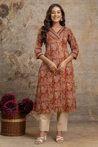 maroon floral cotton kurti