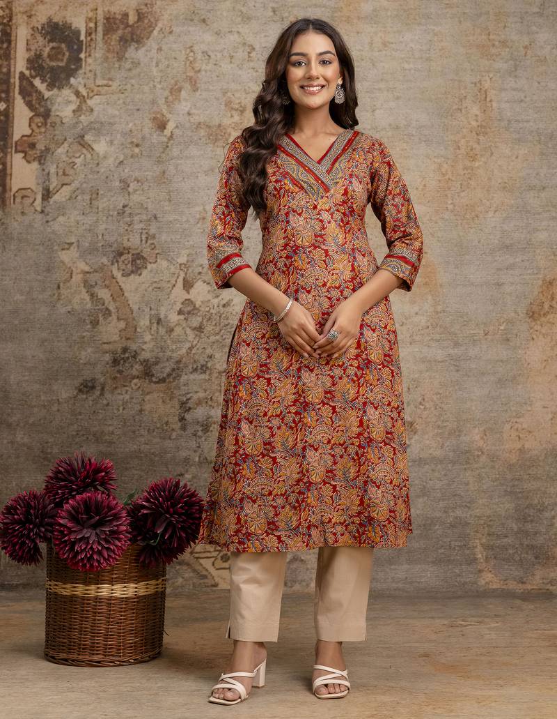 maroon floral cotton kurti