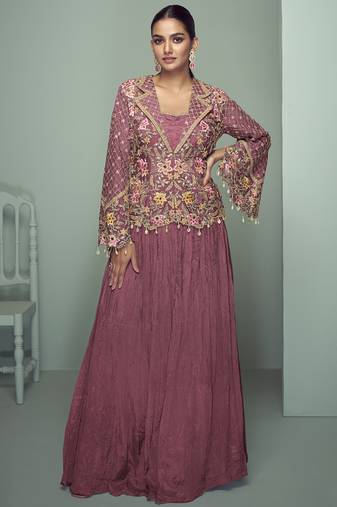 Peach chinon silk embroidered designer lehenga style suit