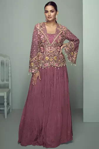 Peach chinon silk embroidered designer lehenga style suit