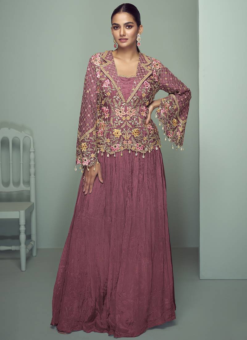 Peach chinon silk embroidered designer lehenga style suit