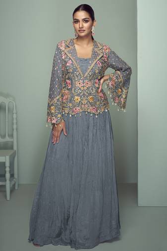 Grey chinon silk embroidered designer lehenga style suit