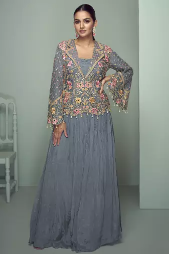 Grey chinon silk embroidered designer lehenga style suit