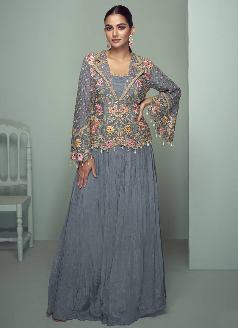 Grey chinon silk embroidered designer lehenga style suit