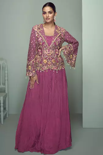 Onion pink chinon silk embroidered designer style suit