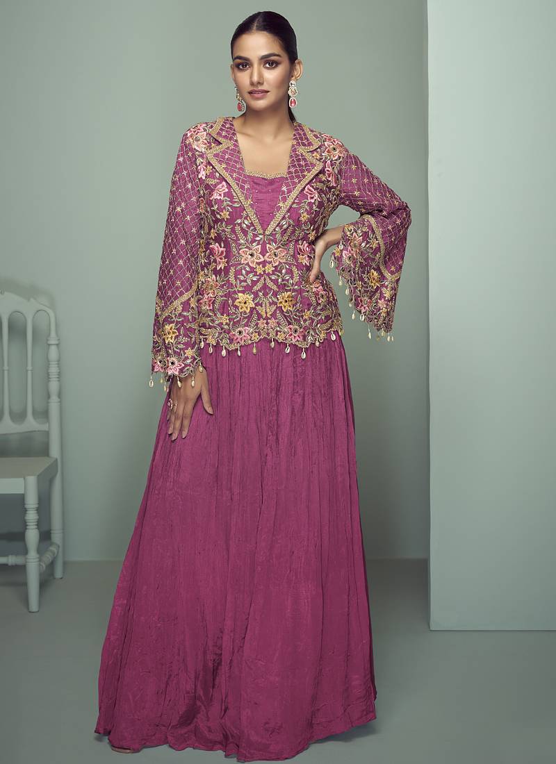 Onion pink chinon silk embroidered designer style suit