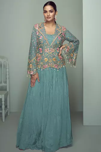 Sky blue chinon silk embroidered designer lehenga style suit