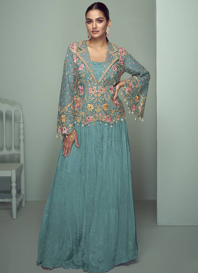 Sky blue chinon silk embroidered designer lehenga style suit