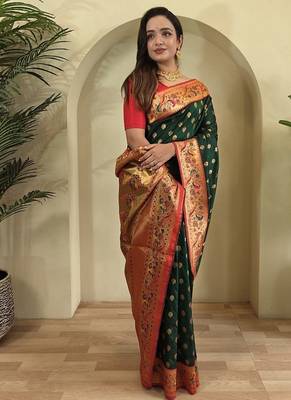 Dark Green Paithani silk blend Sarees  1