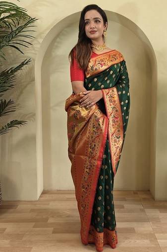 Dark Green Paithani silk blend Sarees 