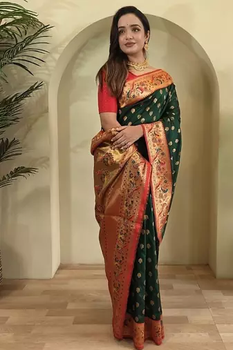 Dark Green Paithani silk blend Sarees 
