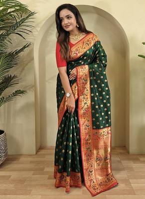 Dark Green Paithani silk blend Sarees  2