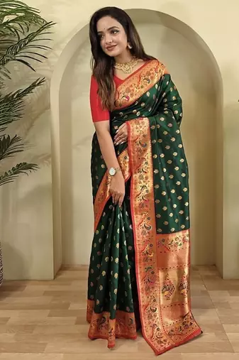 Dark Green Paithani silk blend Sarees 