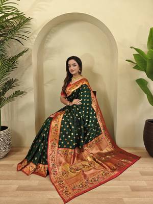 Dark Green Paithani silk blend Sarees  3