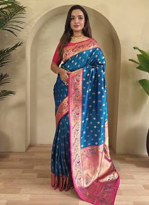 Blue Paithani silk blend Sarees  1