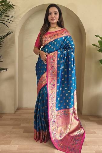 Blue Paithani silk blend Sarees 
