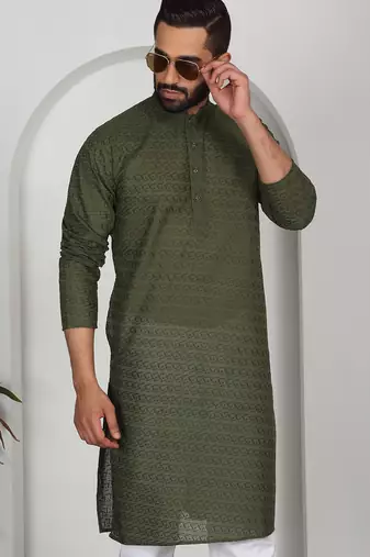 Chikankari embroidered cotton green kurta