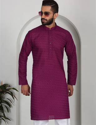 Chikankari embroidered cotton purple kurta 1