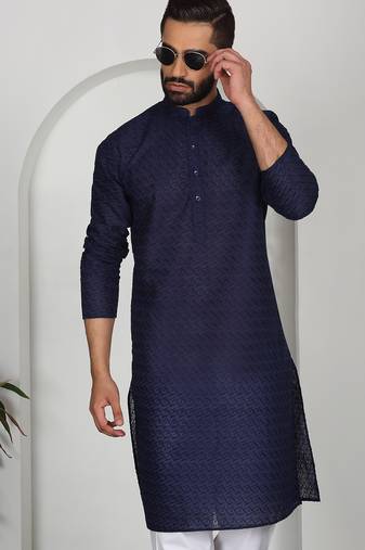Chikankari embroidered cotton navy blue kurta