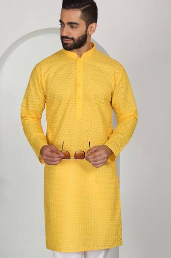Chikankari embroidered cotton yellow kurta
