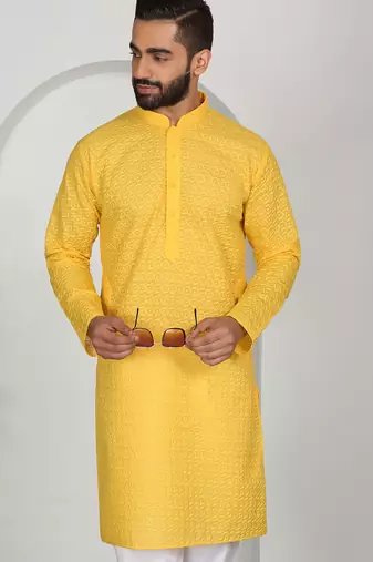 Chikankari embroidered cotton yellow kurta