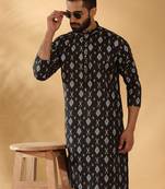 Cotton blend geometric printed black kurta