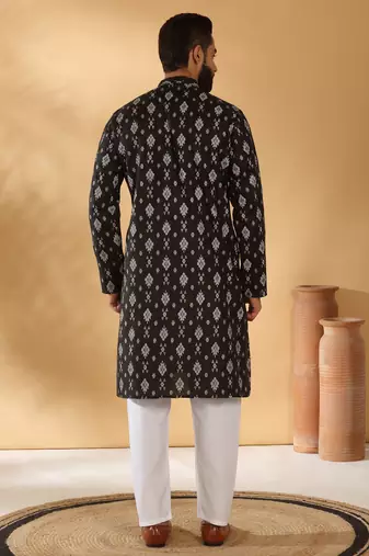 Cotton blend geometric printed black kurta