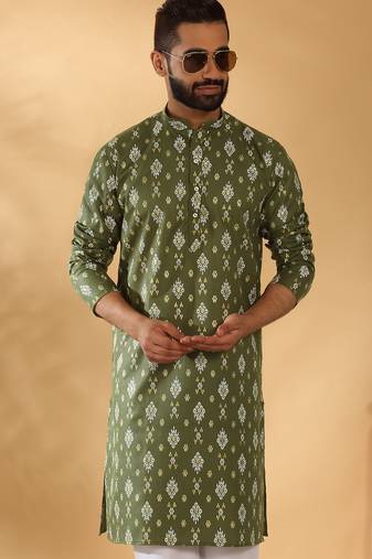 Cotton blend geometric printed green kurta