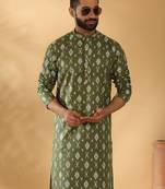 Cotton blend geometric printed green kurta