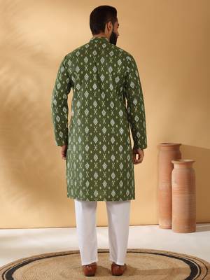 Cotton blend geometric printed green kurta 3