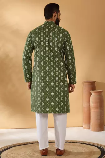 Cotton blend geometric printed green kurta