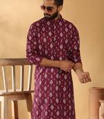 Cotton blend geometric printed maroon kurta