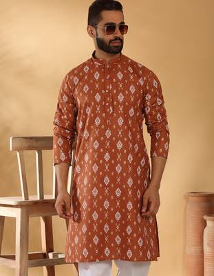 Cotton blend geometric printed rust kurta 1