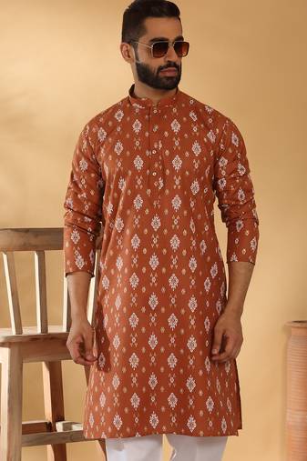 Cotton blend geometric printed rust kurta