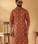 Cotton blend geometric printed rust kurta