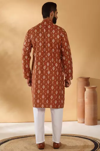 Cotton blend geometric printed rust kurta